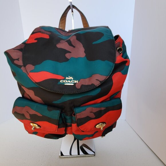 RARE Coach nylon backpack/daypack F11848 in colorful camo with leather straps - Picture 14 of 14